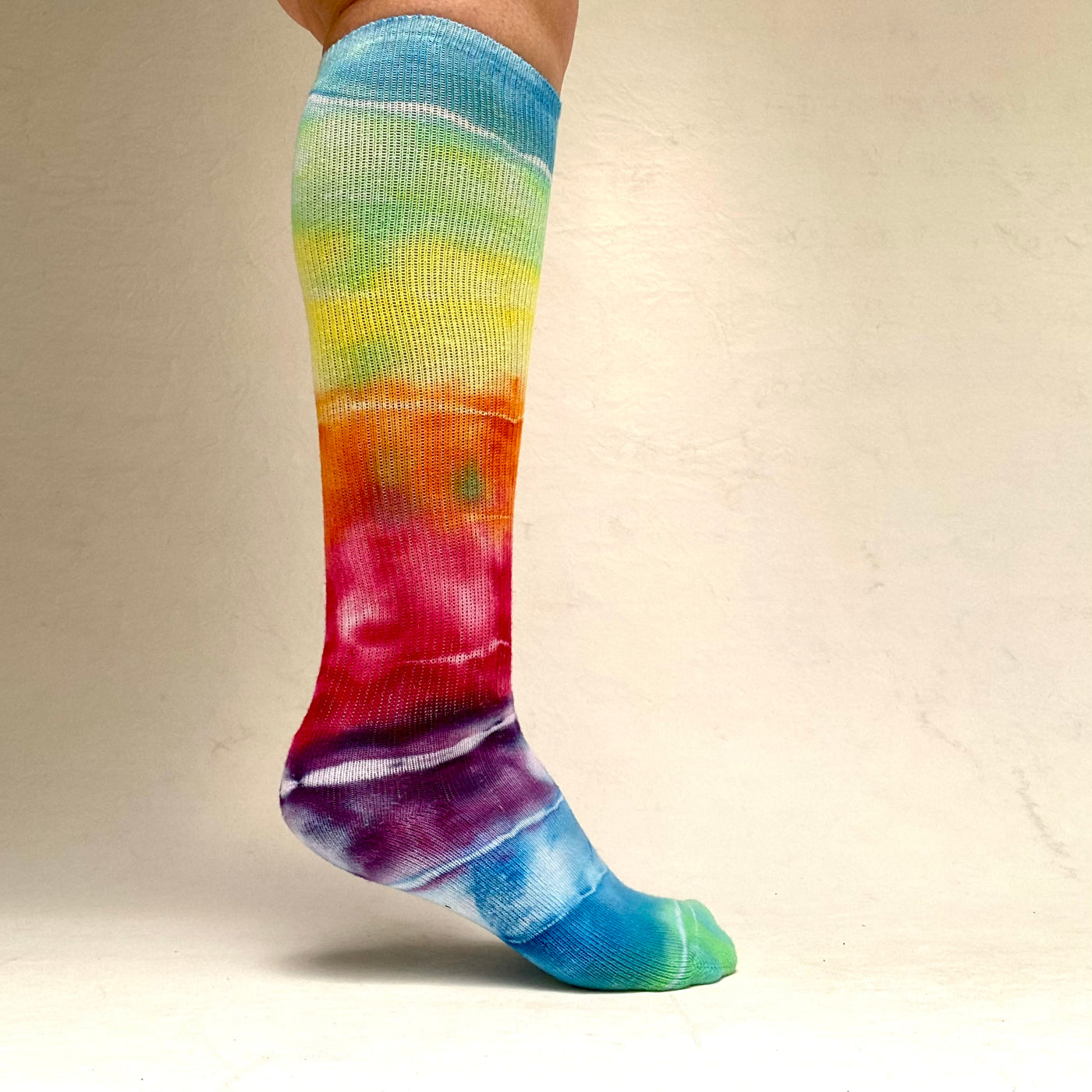 Knee socks  Size 7-9 - Rainbow with blue foot