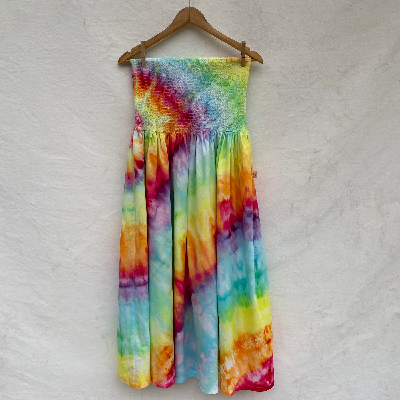 XL hand dyed sun dress - Rainbow with light blue